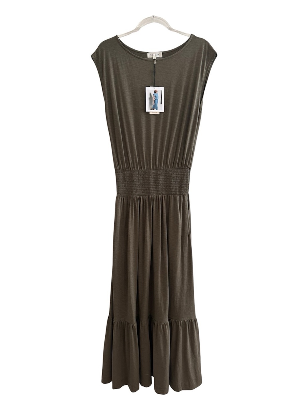 Nation Los Angeles Evonne Cotton Midi Dress Smocked Tiered Olive Green - Picture 4 of 10